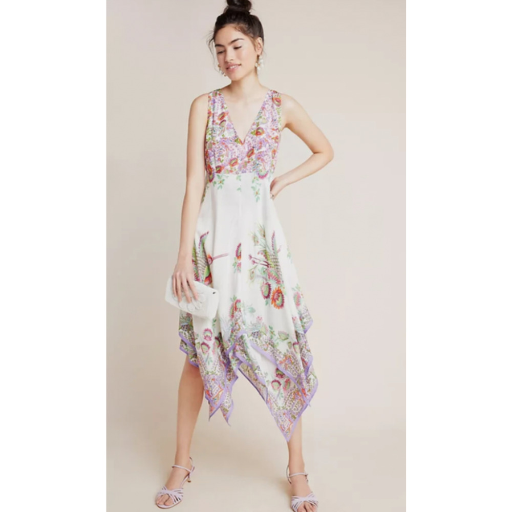 Anthropologie Analise Floral Midi Handkerchief Dress Size 6 bird print boho D48